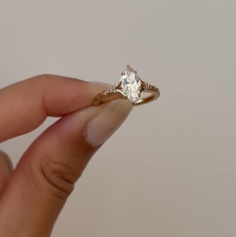 3CT Marquise Cut Moissanite Engagement Ring Vintage Hand Engraved Gold Band