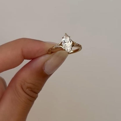 3CT Marquise Cut Moissanite Engagement Ring Vintage Hand Engraved Gold Band