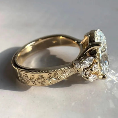 3 CT Oval Cut Moissanite Engagement Ring, Vintage Art deco Engraved Ring 14K Solid Gold Cluster Ring, Unique Anniversary Proposal Ring, Promise Ring