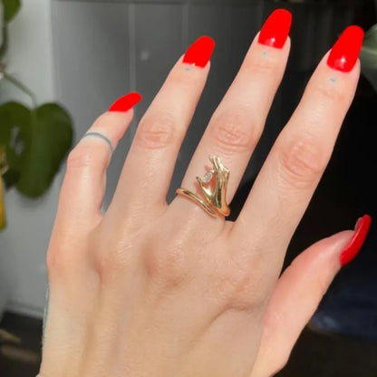 Hand Holding Moissanite Diamond Ring, Unique Marquise Cut Engagement Ring, 14k Gold Ring Statement Ring, Open Band Ring, Wedding Gifts.
