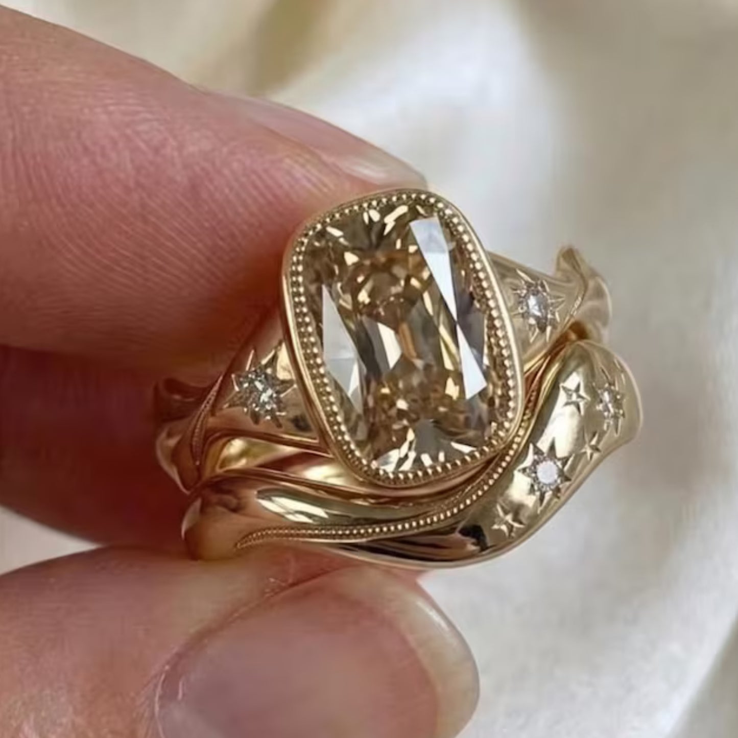 4 CT Old Mine Elongated Cushion Moissanite Engagement Ring Set 14K Gold Starburst Engraved Wedding Band Antique Style Anniversary Gift Her