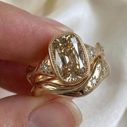 4 CT Old Mine Elongated Cushion Moissanite Engagement Ring Set 14K Gold Starburst Engraved Wedding Band Antique Style Anniversary Gift Her