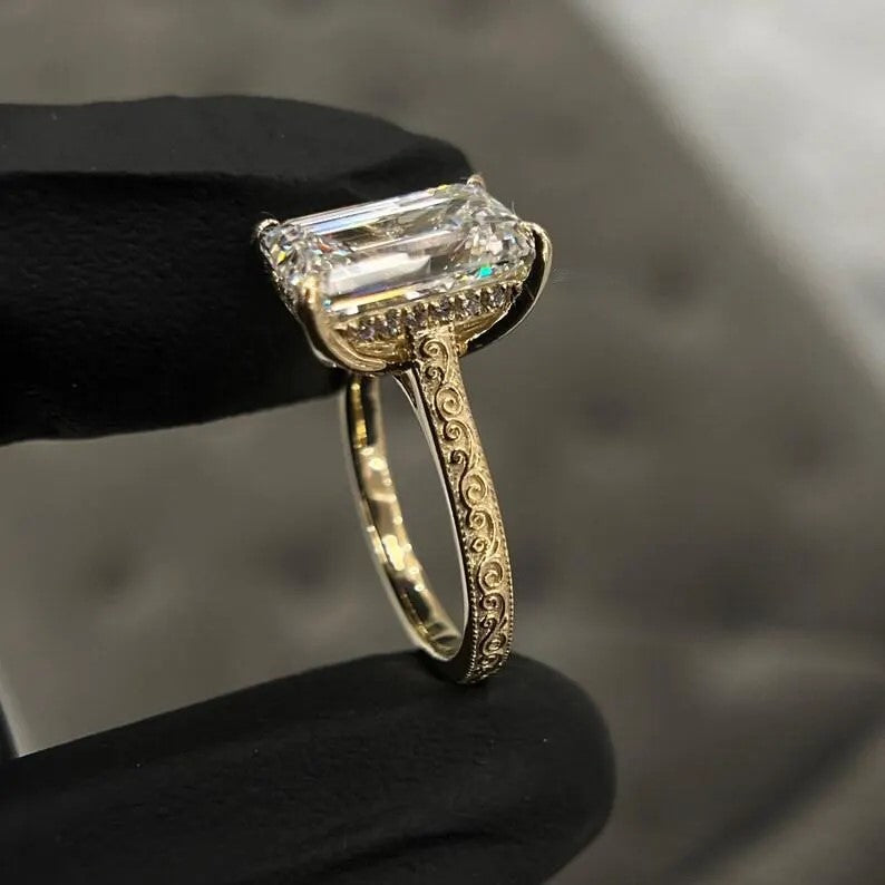 4 CT Emerald Cut Moissanite Engagement Ring | 14k Yellow Gold | Art Deco Cathedral Wedding Ring