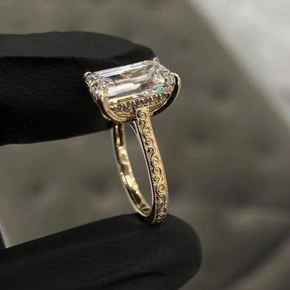 4 CT Emerald Cut Moissanite Engagement Ring | 14k Yellow Gold | Art Deco Cathedral Wedding Ring