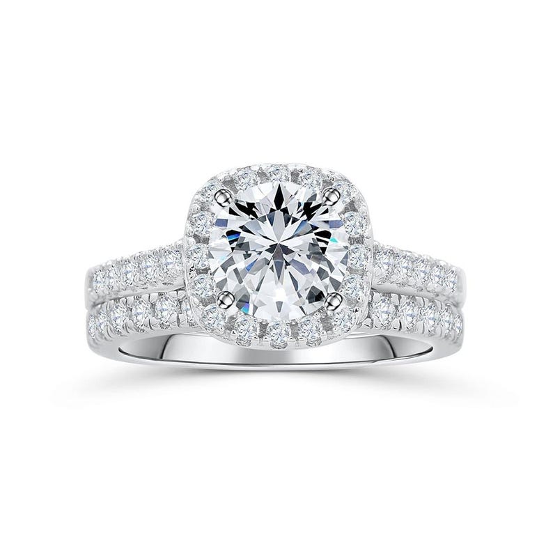 Round Cut Moissanite Cushion Halo Engagement Ring Set - Pavé Band Bridal Set