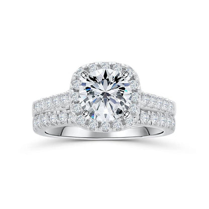 Round Cut Moissanite Cushion Halo Engagement Ring Set - Pavé Band Bridal Set