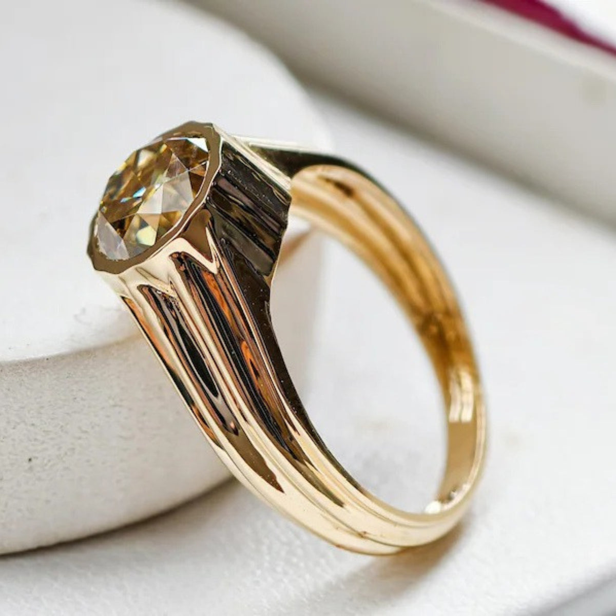 Bezel Set Old Mine European Moissanite Engagement Ring in 14K Gold