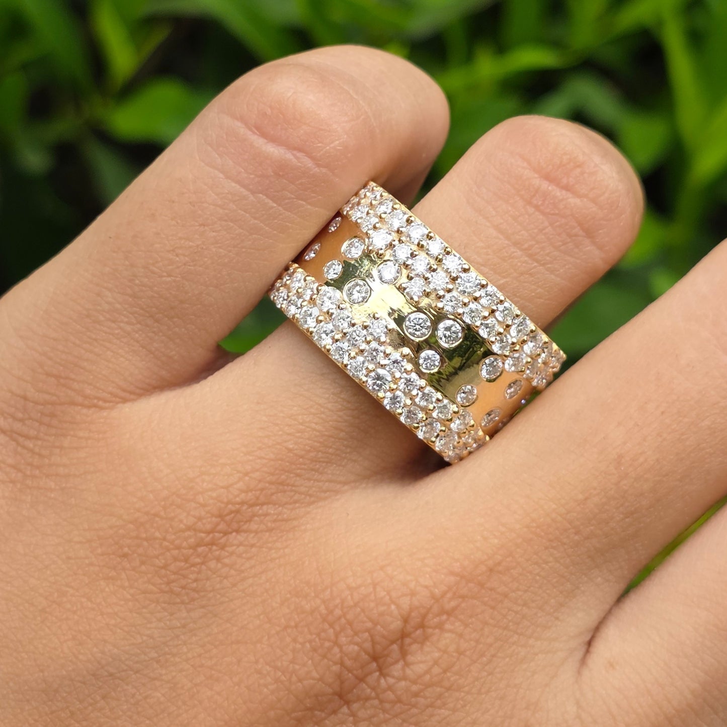 Chunky Wide Diamond Band, 14k Gold Pave Wedding Ring, Multi-Row Diamond Cocktail & Bold Designer Style Ring, Unique Promise Ring For Women