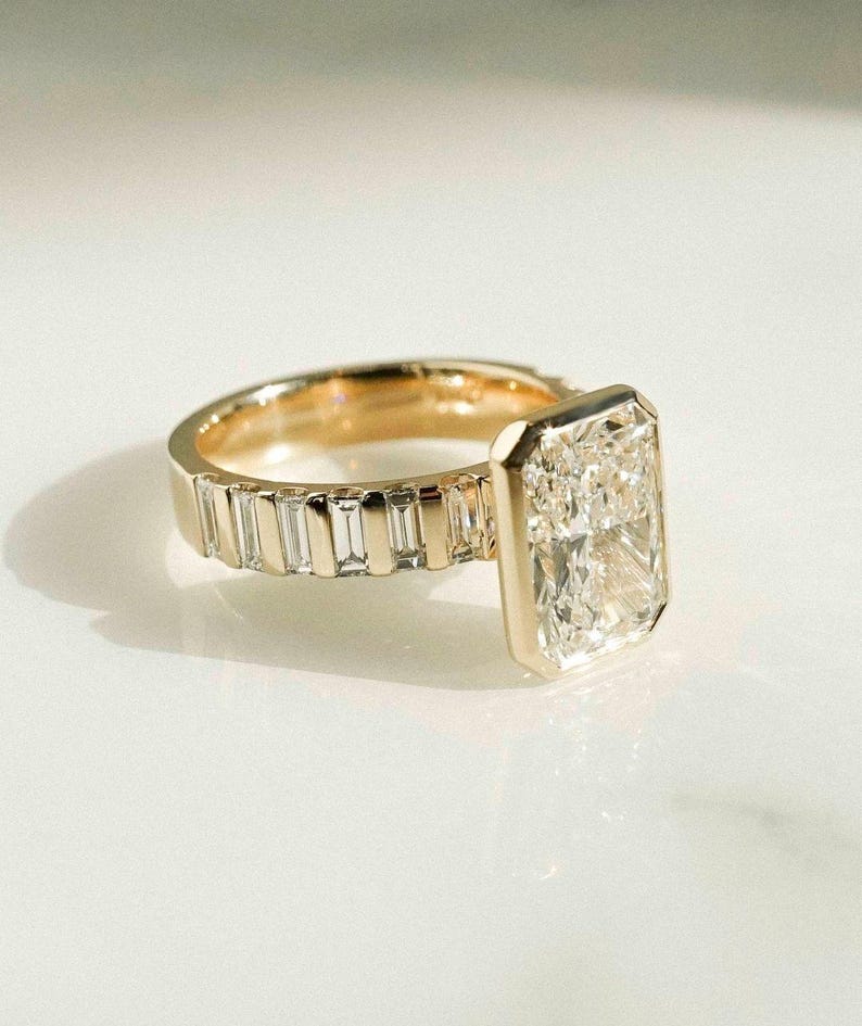 Bezel Set Radiant Cut Moissanite Engagement Ring - Channel Set Baguette Band Gold Ring
