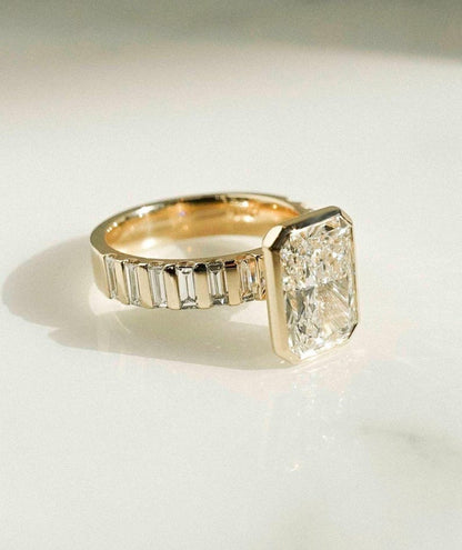 Bezel Set Radiant Cut Moissanite Engagement Ring - Channel Set Baguette Band Gold Ring