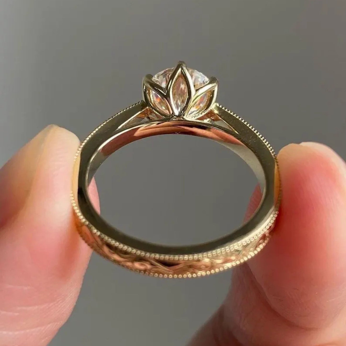 Vintage Inspired 2 CT Round Cut Solitaire Lab Diamond Engagement Ring, 14K Yellow Gold Art Deco Hand Made Filigree Promise Ring for Her