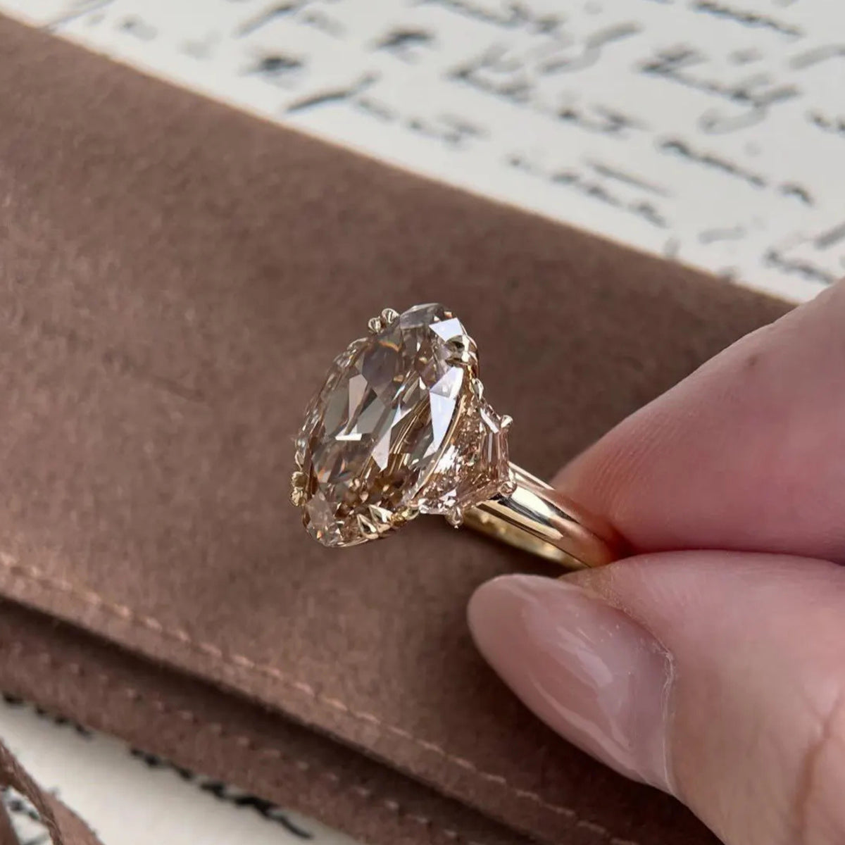 Elongated Oval 3 Stone Lab Grown Diamond Gold Engagement Ring
