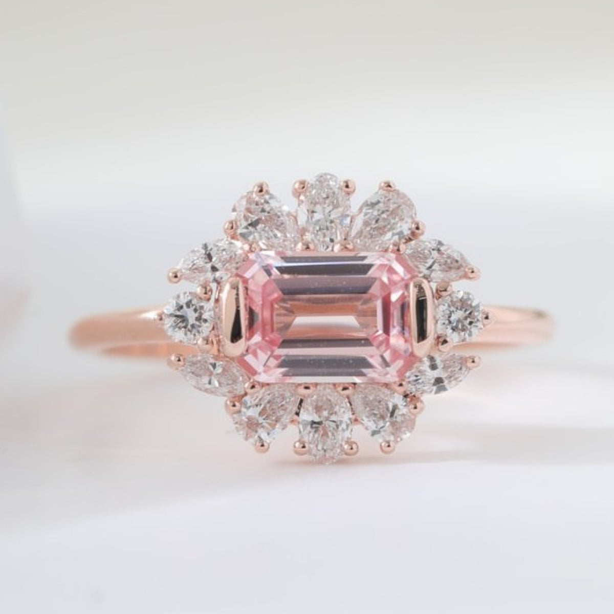 Lab Emerald Cut Pink Gemstone With Floral Halo Cluster Diamond Engagement Ring