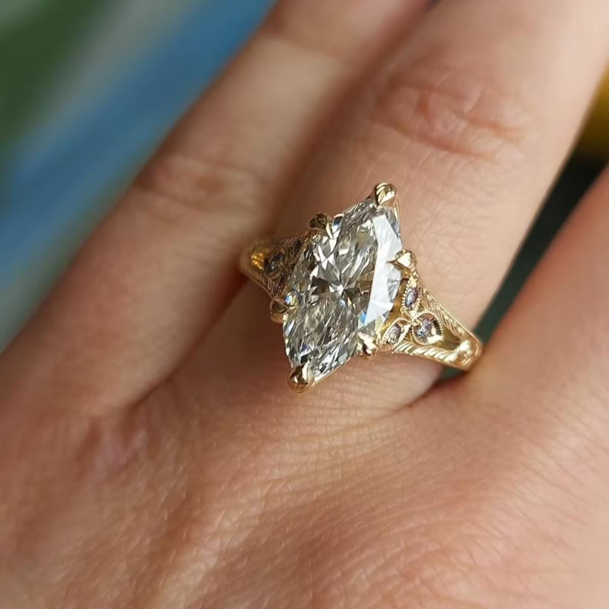 Vintage Marquise Cut Lab Grown Engagement Ring with Gold Engraved