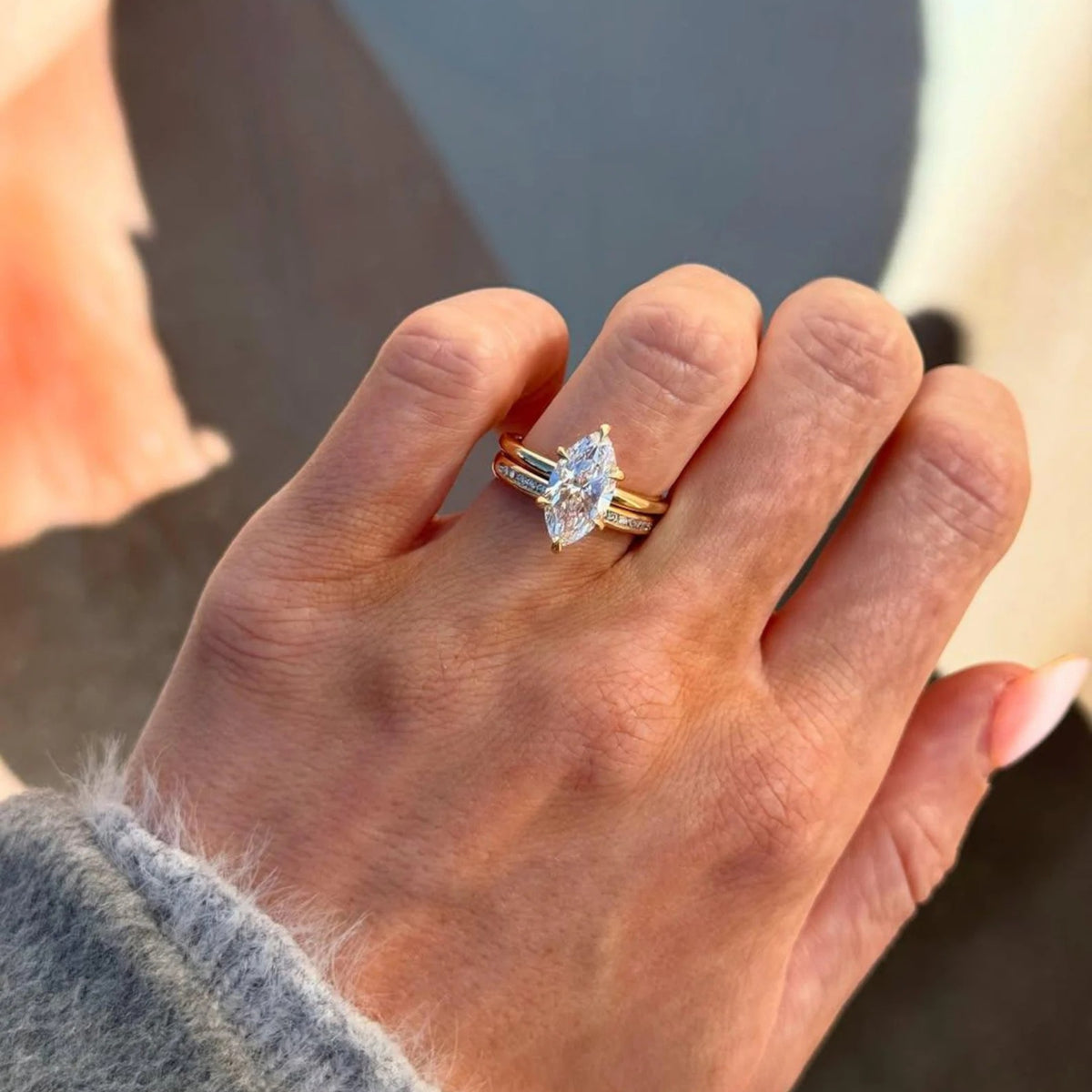 Unique Marquise Moissanite Engagement Ring Set in 14k Gold