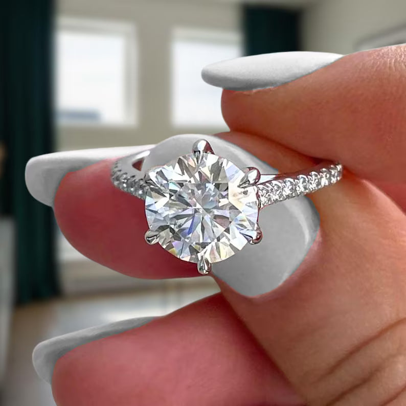Six Prong Round Cut Moissanite Engagement Ring - Cathedral Pavé Band Solitaire Ring