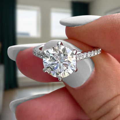 Six Prong Round Cut Moissanite Engagement Ring - Cathedral Pavé Band Solitaire Ring