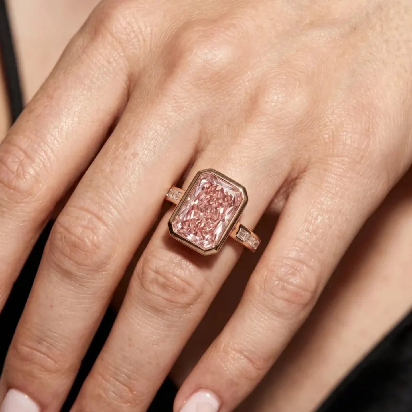 Bezel 3 CT Fancy Vivid Pink Radiant Cut Lab Diamond Engagement Ring, Side Channel Baguette Wedding Ring,14k Rose Gold IGI Certified Ring For Her