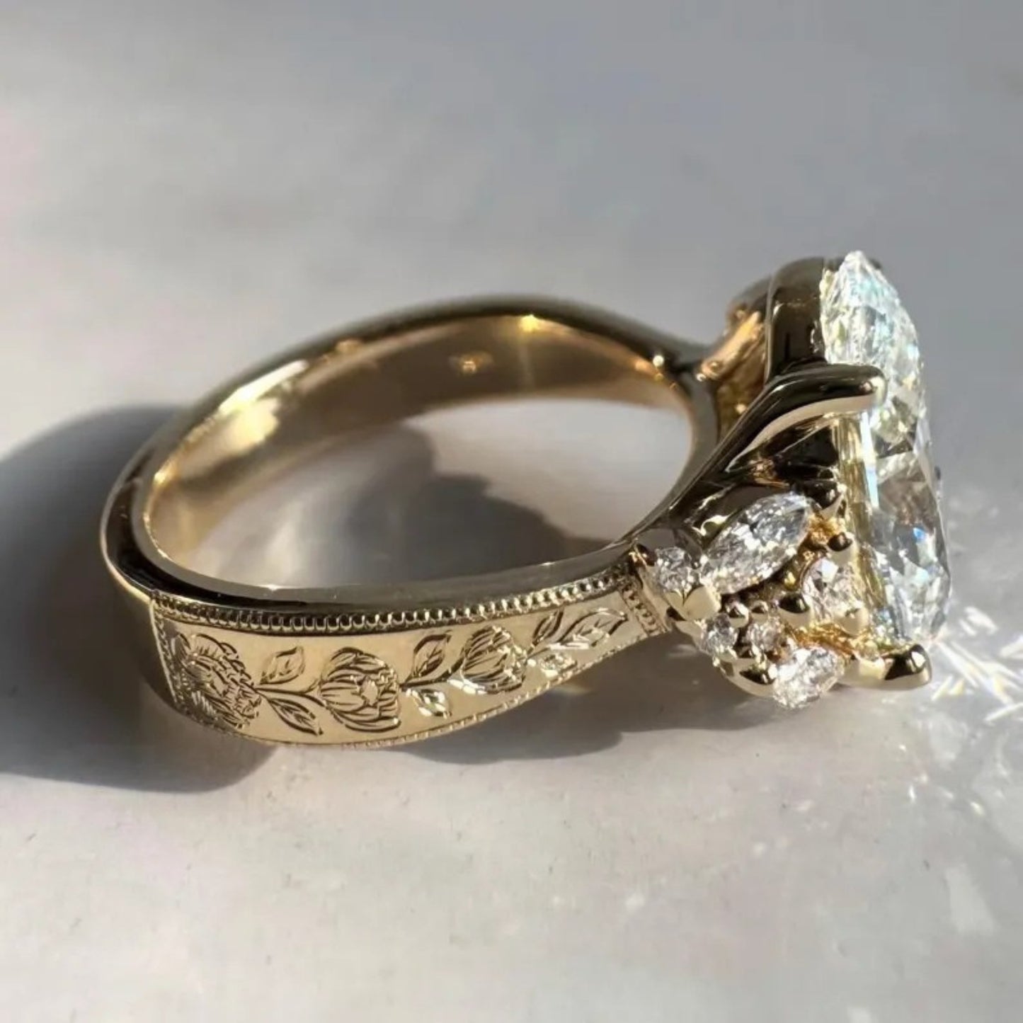 3 CT Oval Cut Moissanite Engagement Ring, Vintage Art deco Engraved Ring 14K Solid Gold Cluster Ring, Unique Anniversary Proposal Ring, Promise Ring