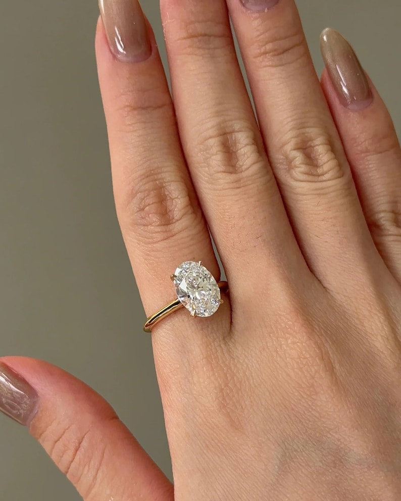 Oval Moissanite Hidden Halo Ring Marquise Accent Band