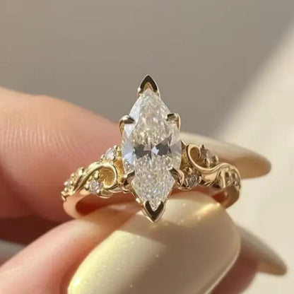 Vintage 2.5 CT Marquise Cut Moissanite Engagement Ring, 18K Solid Yellow Gold Natural Inspired Flower Wedding Ring, Anniversary Ring For Women