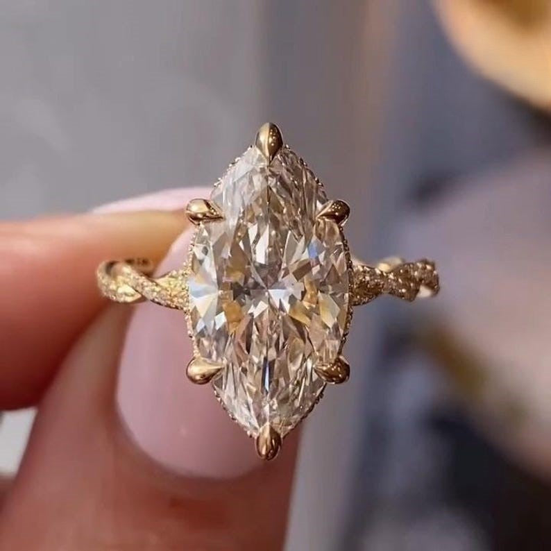 Marquise Cut Moissanite Engagement Ring - Twisted Vine Pavé Band Vintage Gold Ring