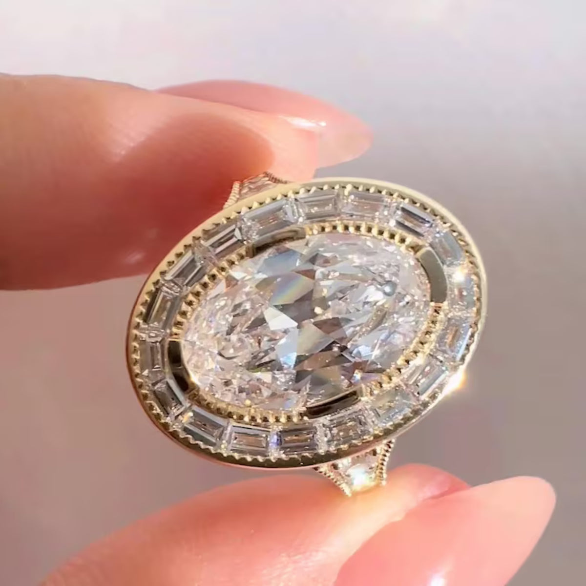 Art Deco Oval Moissanite With Halo Baguette & Round Cut Engagement Ring