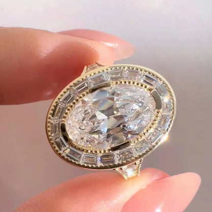 Art Deco Oval Moissanite With Halo Baguette & Round Cut Engagement Ring