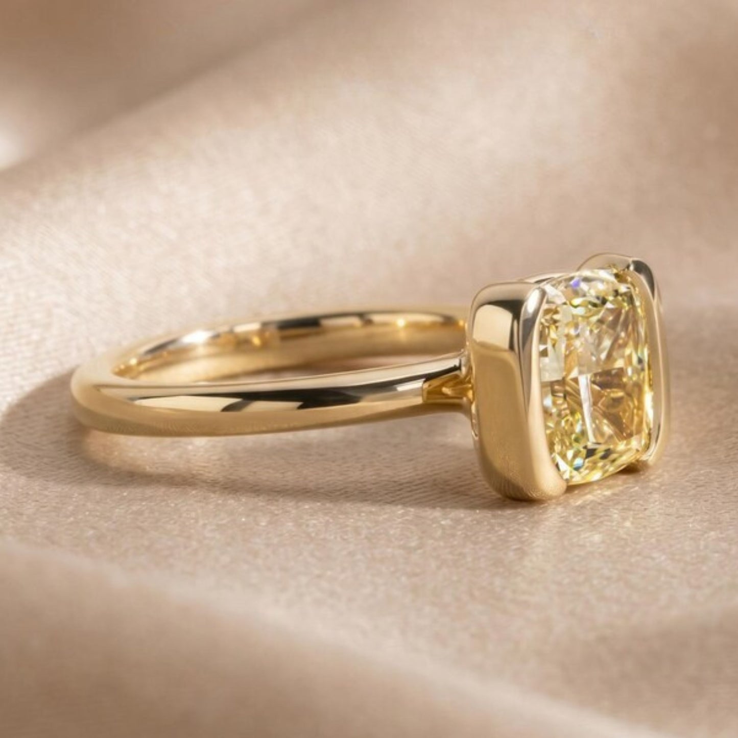 2.5 CT Fancy Yellow Cushion Cut Lab Grown Engagement Ring, Half Bezel Set Wedding Ring, 14k Yellow Gold IGI Certified Ring For Women