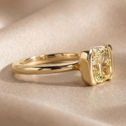 2.5 CT Fancy Yellow Cushion Cut Lab Grown Engagement Ring, Half Bezel Set Wedding Ring, 14k Yellow Gold IGI Certified Ring For Women