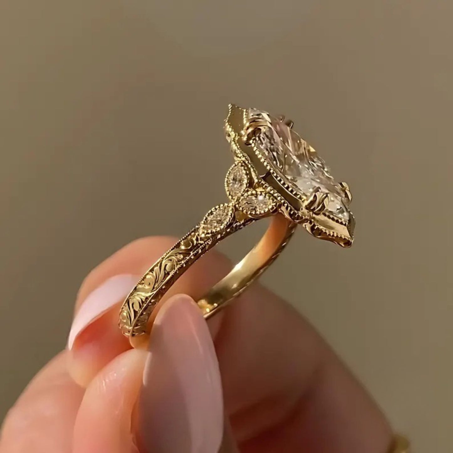 3 CT Marquise Cut Moissanite Engagement Ring Vintage Milgrain 14K Yellow Gold Halo Solitaire Ring Art Deco Bridal Jewelry Gift For Her