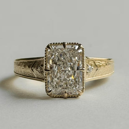 2.5 CT Radiant Cut Lab Grown Diamond Engagement Ring in Engraved Gold Band
