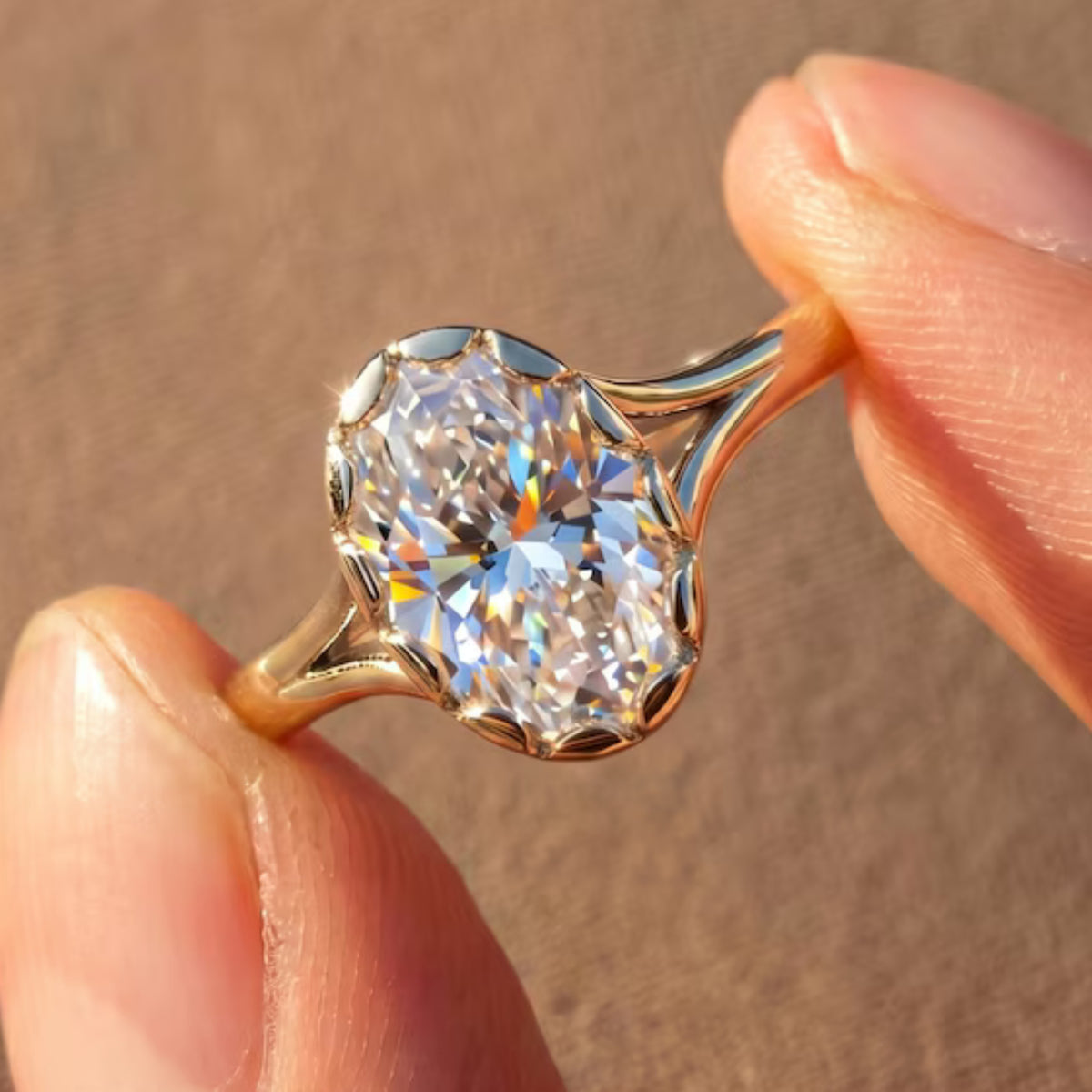 Bezel Oval Moissanite Split Shank Solitaire Gold Engagement Ring