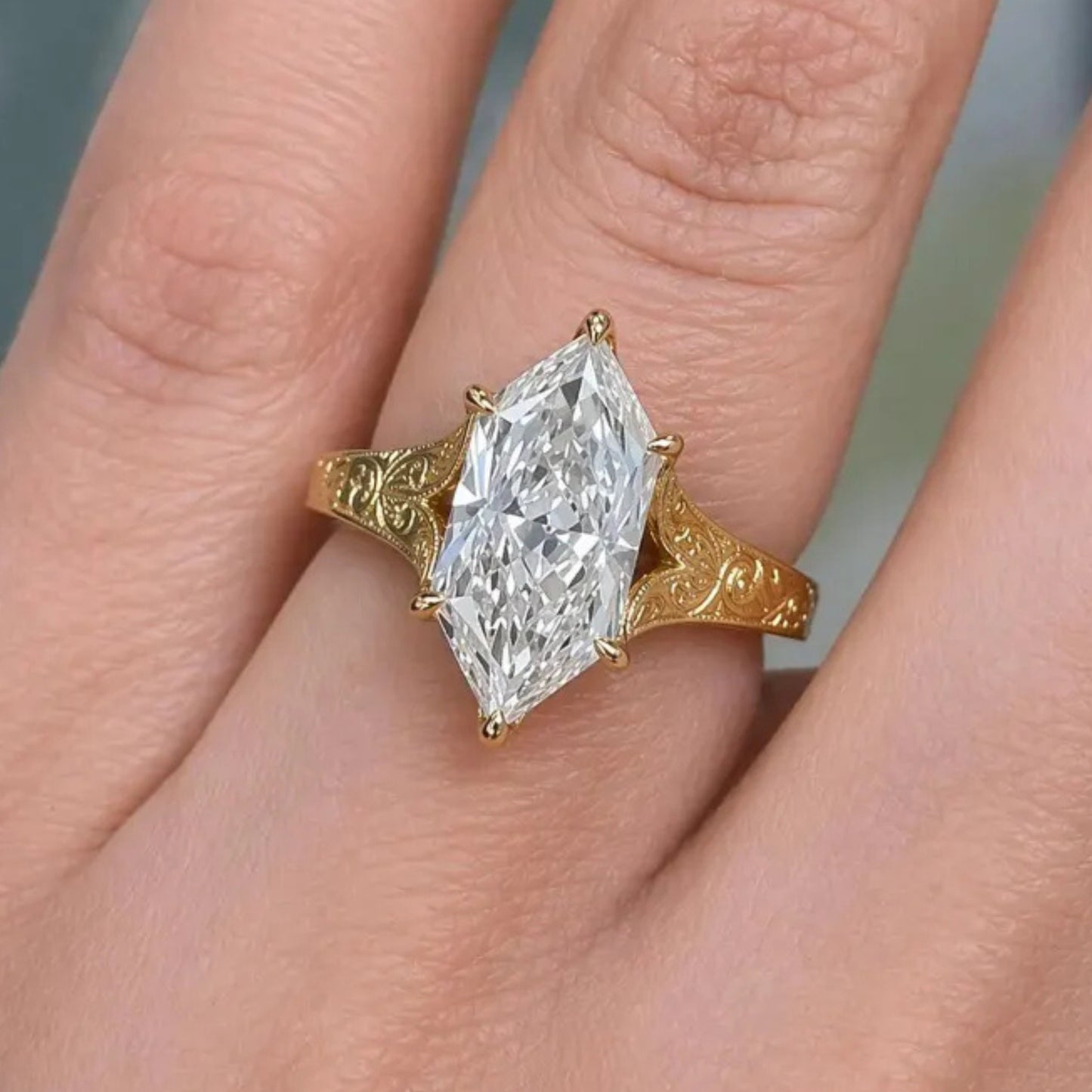 Vintage 3CT Dutch Marquise Moissanite Diamond Engagement Ring,14K Solid Gold Promise Ring, Hand Engraved Split Shank Wedding Ring For Her