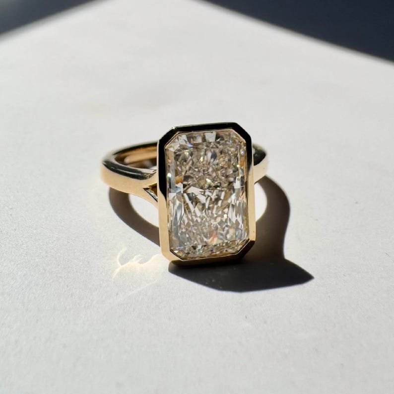 Bezel Set Radiant Cut Moissanite Solitaire Engagement Ring - Cathedral Split Shoulder Gold Ring