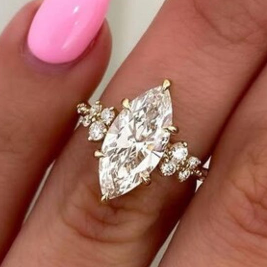 2 CT Marquise Moissanite Engagement Ring with Cluster Side Stones