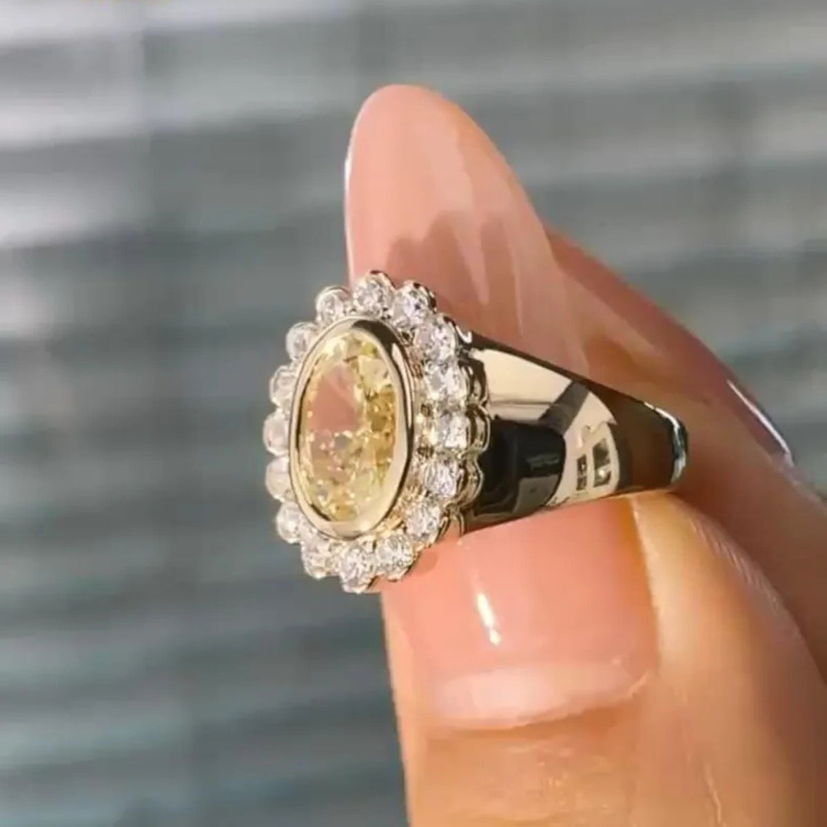 Vintage Yellow Oval Lab Diamond Flower Pinky Halo Engagement ring