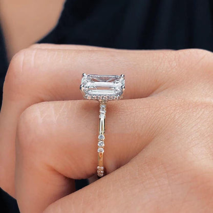 3CT Emerald Cut Moissanite Engagement Ring With 14K Yellow Gold Hidden Halo