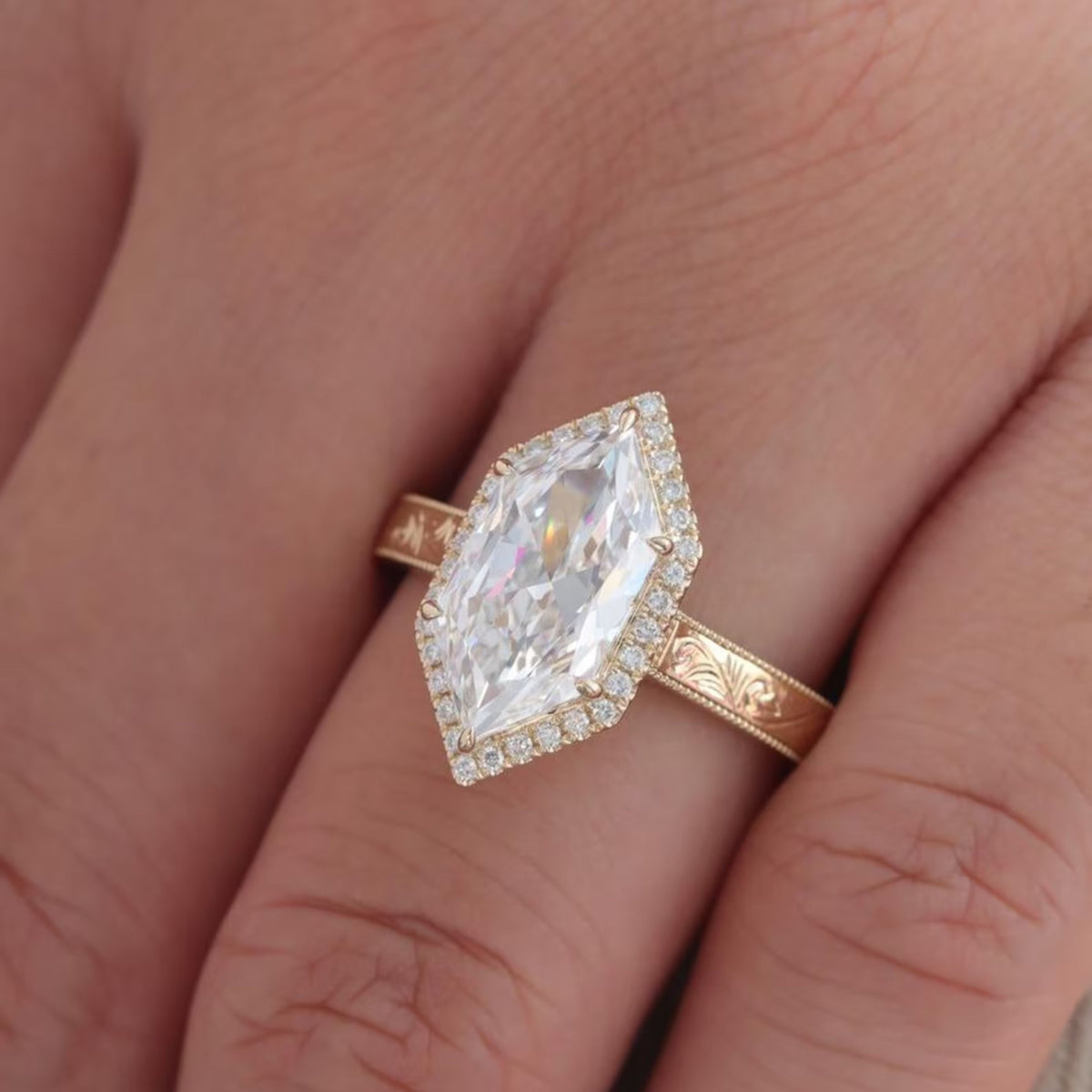 Unique Halo Dutch Marquise Cut Lab Grown Diamond Filigree Engraved Ring
