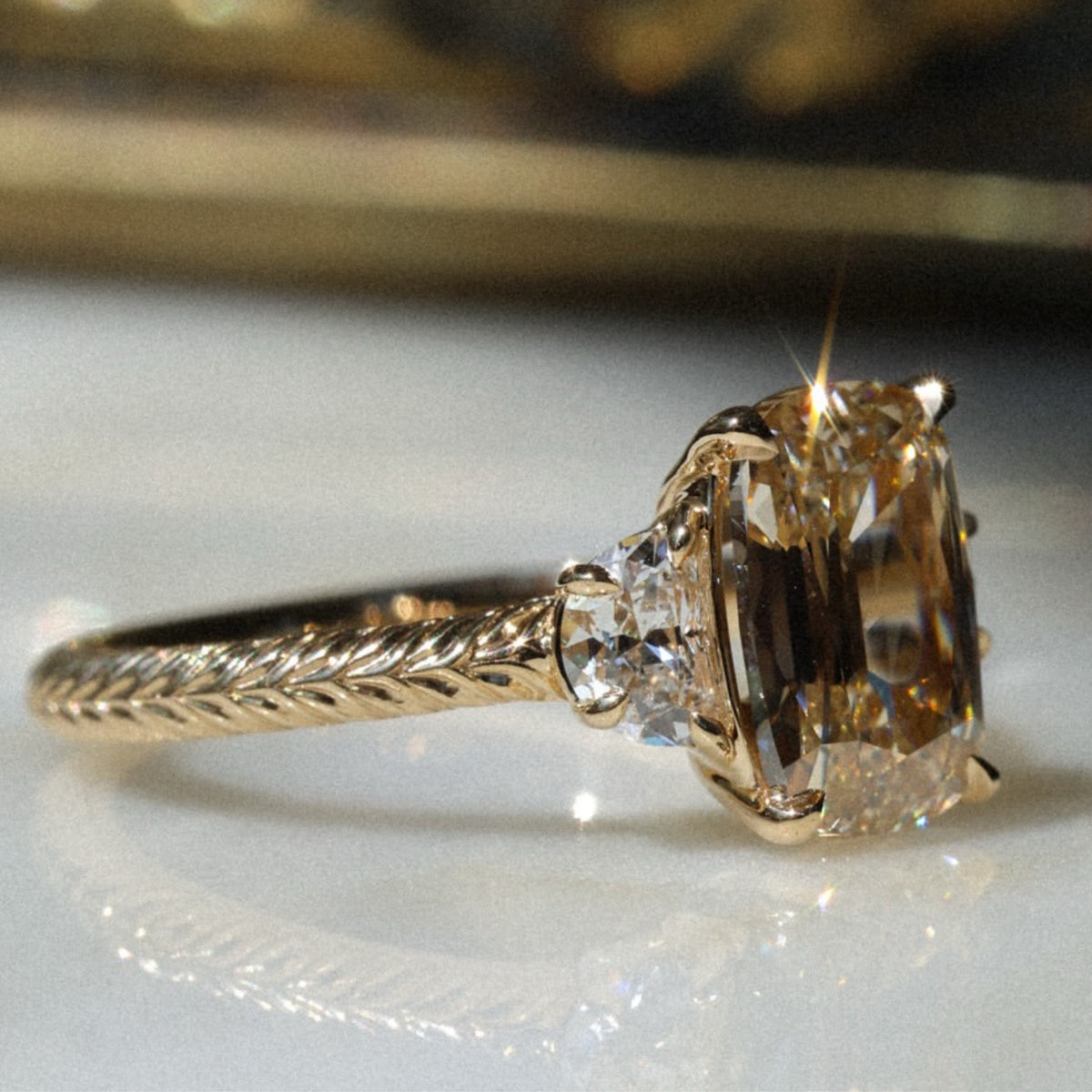 Champagne Cushion Cut Moissanite Engagement Ring in Vintage Engraved Gold