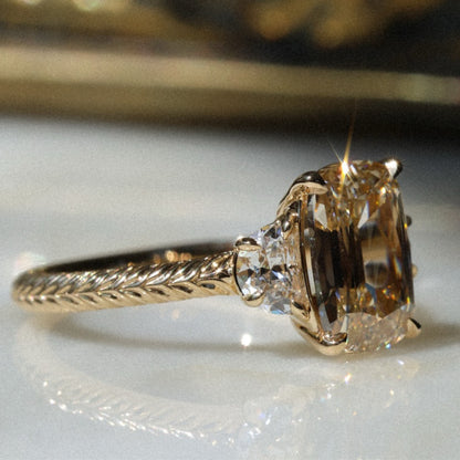Champagne Cushion Cut Moissanite Engagement Ring in Vintage Engraved Gold