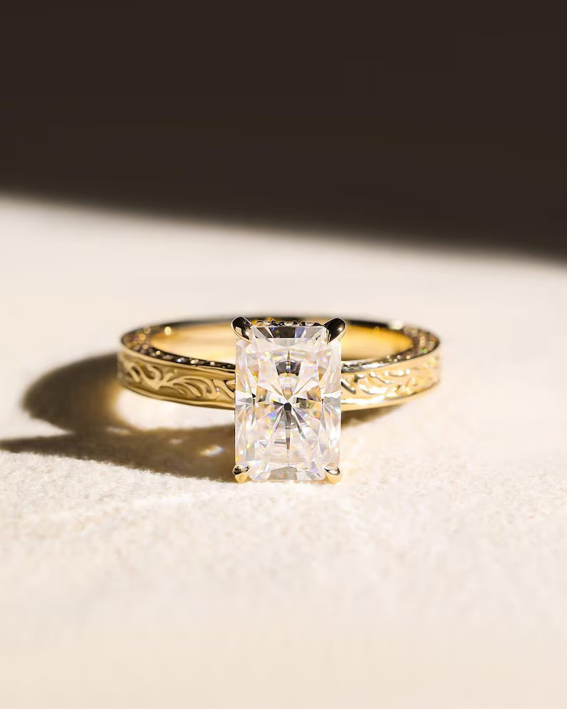 4CT Radiant Cut Moissanite Engagement Ring Vintage Engraved Gold Band