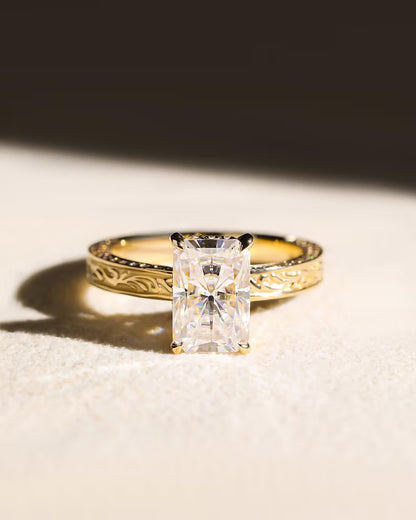 4CT Radiant Cut Moissanite Engagement Ring Vintage Engraved Gold Band