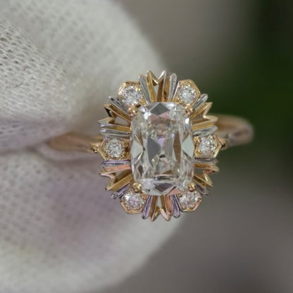 Vintage Inspired Cushion Moissanite Sunburst Halo Ring in Tri Tone Gold Ring Set