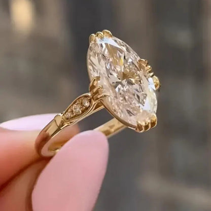 4 CT Moval Cut Moissanite Engagement Ring, 14 Solid Gold Inspired Solitaire with Side Stones Wedding Ring