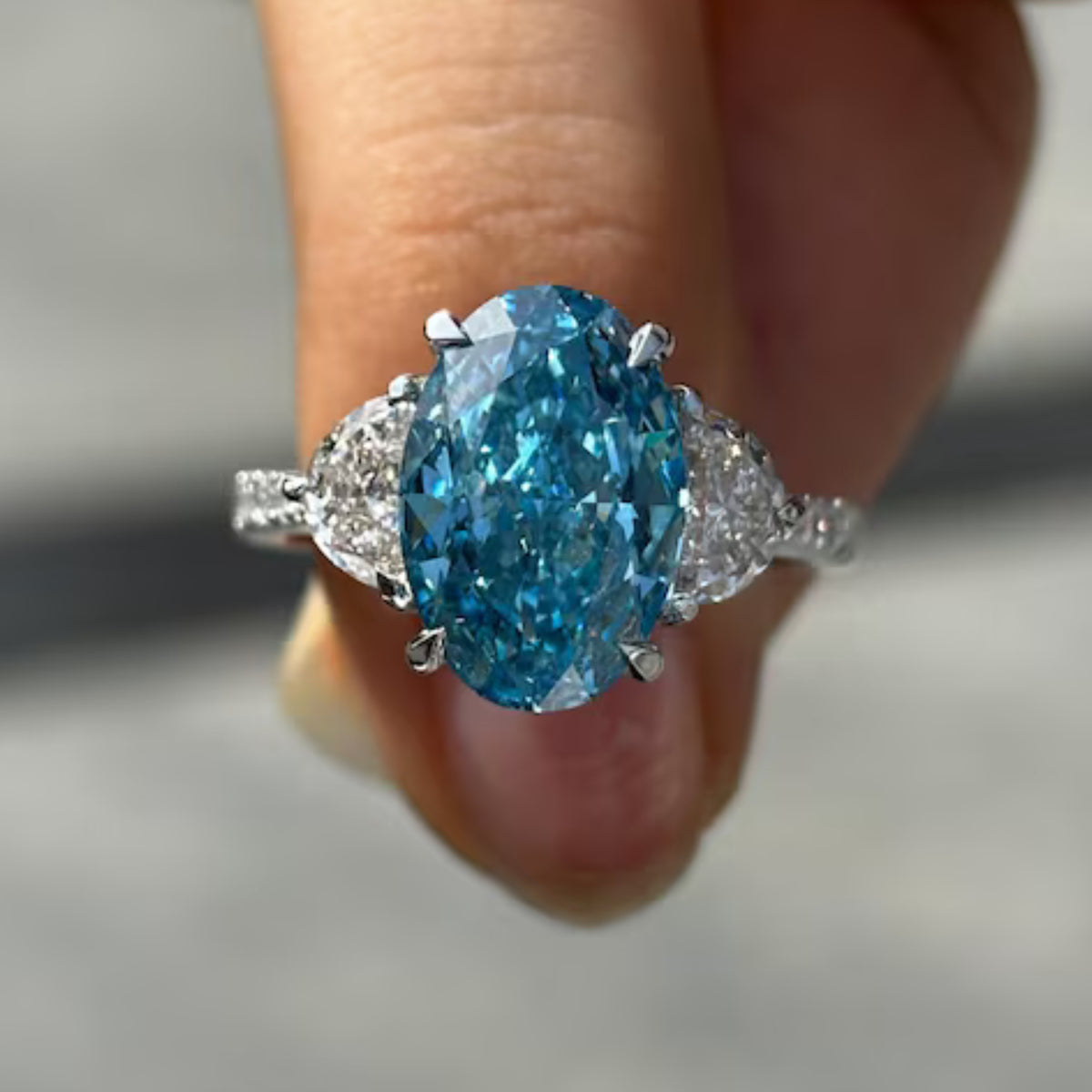 4 CT Blue Oval Lab Grown Three Stone Diamond  Engagement 14K Gold Pave Ring