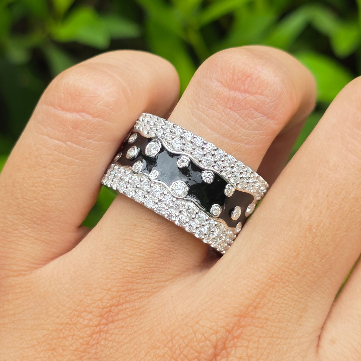 Black Enamel Wide Band Ring, Unique Pave Diamond Cluster Wedding Ring, Heavy Silver Promise Band, Art Deco Style Cocktail Ring For Her