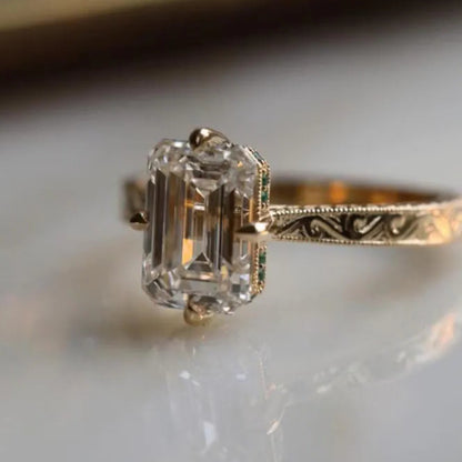 Vintage 3CT Emerald Cut Moissanite Engagement Ring 14K Solid Gold Ring With Engraved Band Antique-Inspired Solitaire Bridal Set Ring for Her