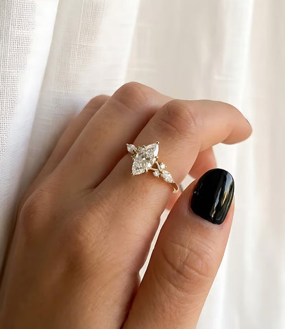 Unique Marquise Engagement Ring Matching Curved Wedding Set
