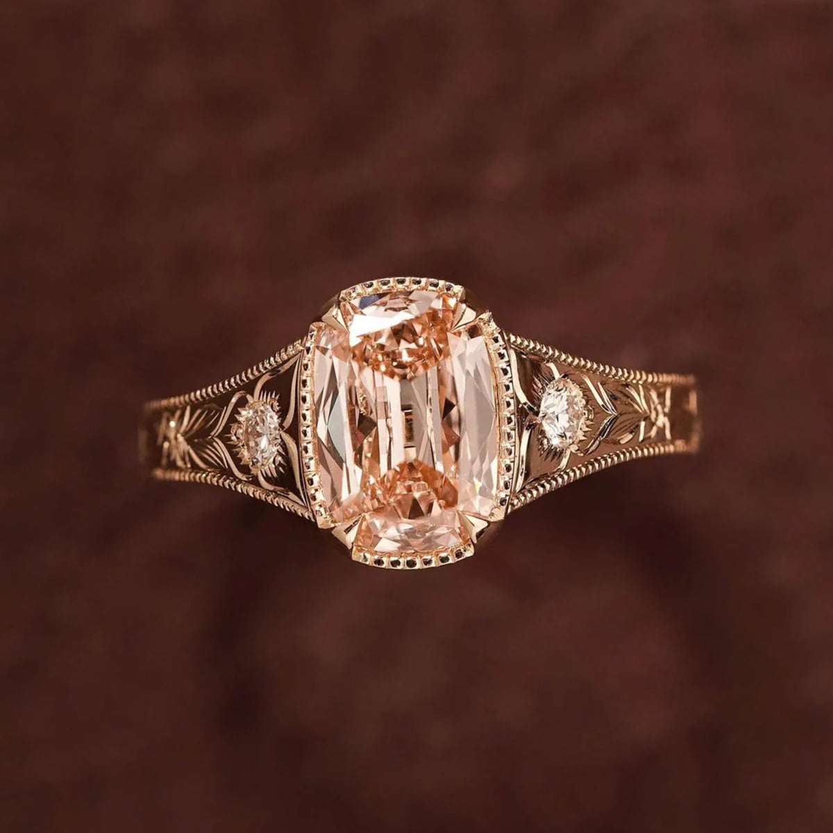 Unique Pink Old Mine Cushion Cut Moissanite With Engraved Band Ring
